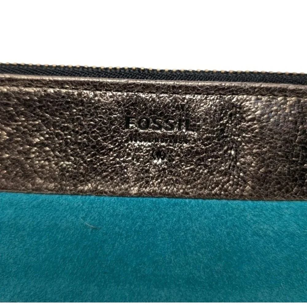 Fossil Striped Mixed‎ Leather Zip Pouch Clutch Navy Teal Green Metallic